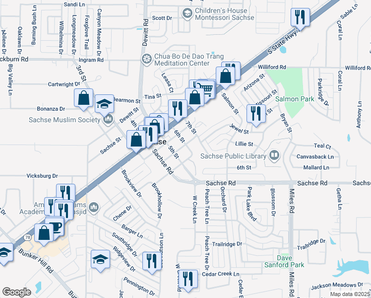 map of restaurants, bars, coffee shops, grocery stores, and more near 3120 6th Street in Sachse