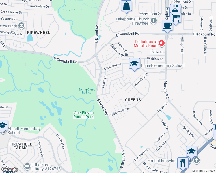 map of restaurants, bars, coffee shops, grocery stores, and more near 6702 Lynch Lane in Garland