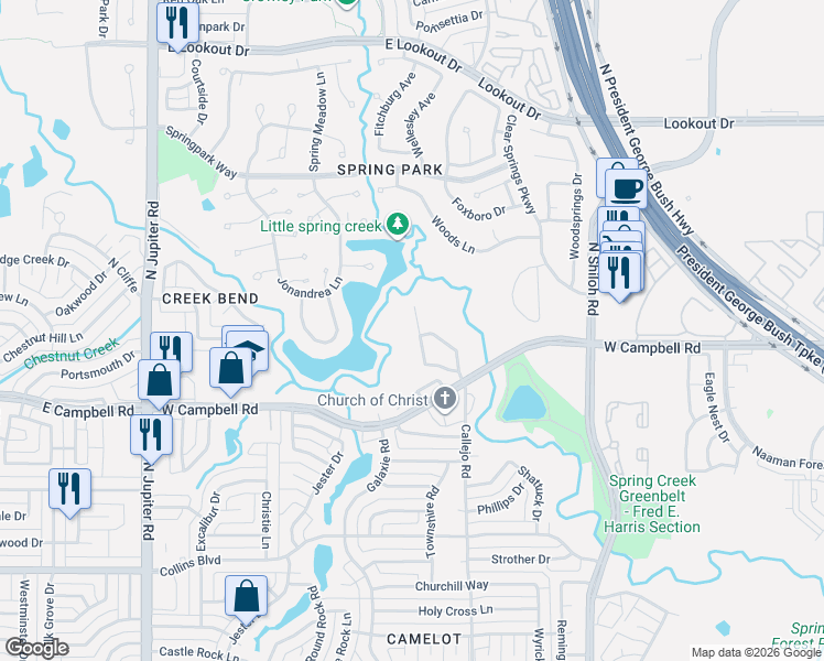 map of restaurants, bars, coffee shops, grocery stores, and more near 6715 Rutledge Court in Garland