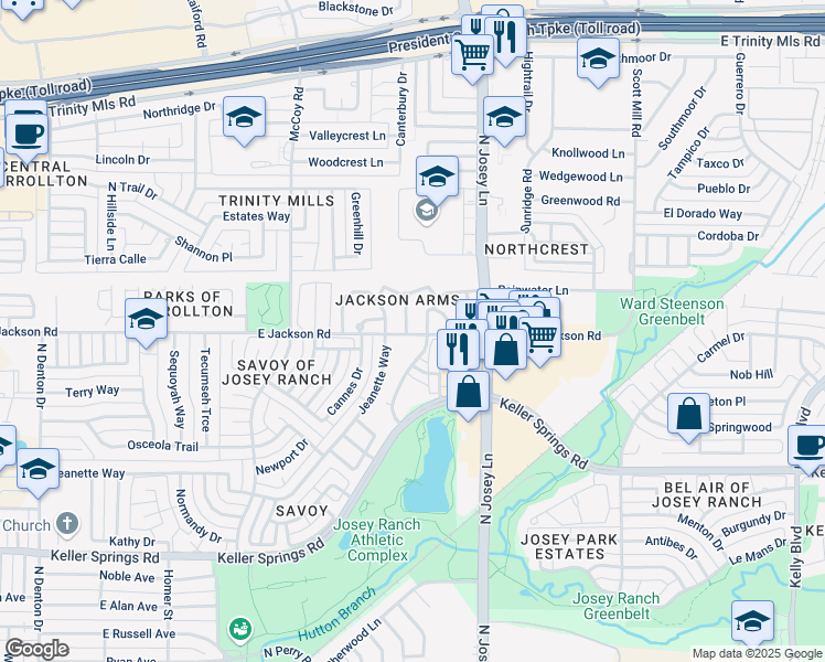 map of restaurants, bars, coffee shops, grocery stores, and more near 2205 Jamestown Court in Carrollton