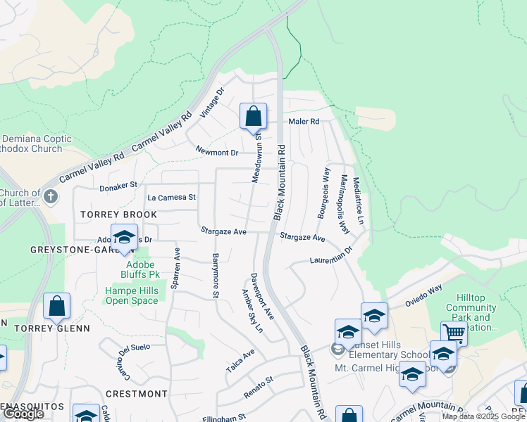 map of restaurants, bars, coffee shops, grocery stores, and more near 9150 Meadowrun Way in San Diego