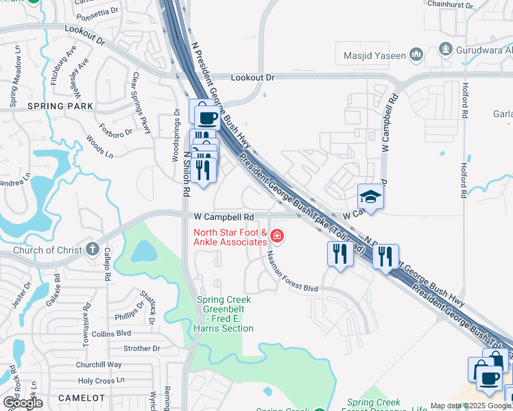 map of restaurants, bars, coffee shops, grocery stores, and more near 2013 West Campbell Road in Garland