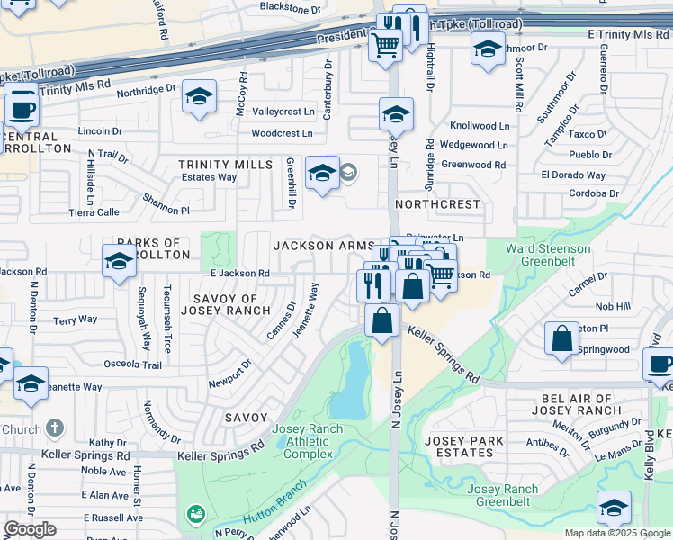 map of restaurants, bars, coffee shops, grocery stores, and more near 2205 Jamestown Court in Carrollton