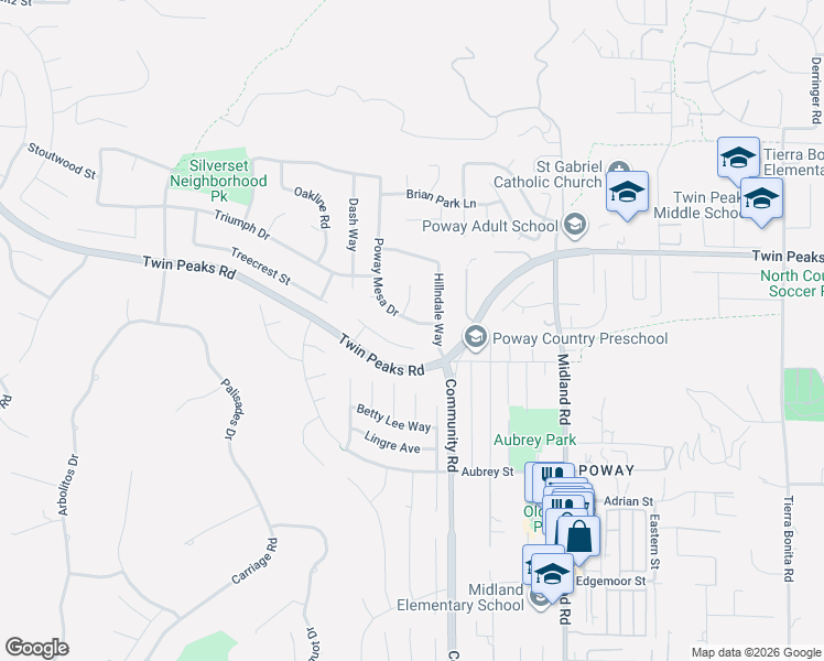 map of restaurants, bars, coffee shops, grocery stores, and more near 14520 Poway Mesa Drive in Poway