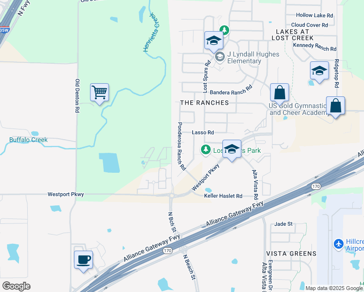 map of restaurants, bars, coffee shops, grocery stores, and more near 3400 Westfork Ranch Road in Roanoke