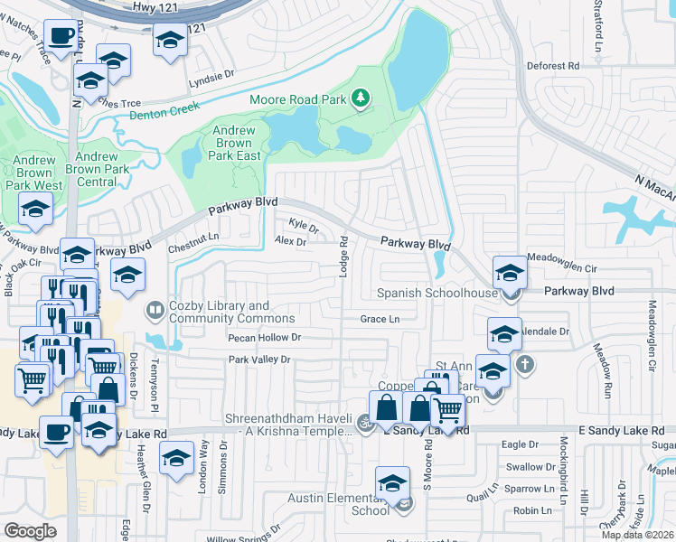 map of restaurants, bars, coffee shops, grocery stores, and more near 354 Walnut Grove Lane in Coppell