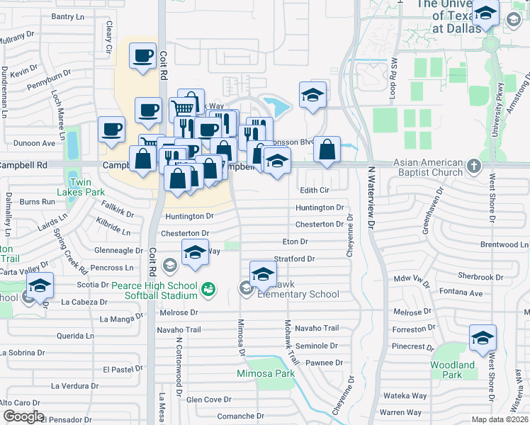 map of restaurants, bars, coffee shops, grocery stores, and more near 1211 Huntington Drive in Richardson