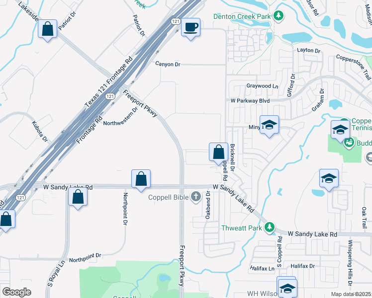 map of restaurants, bars, coffee shops, grocery stores, and more near 180 Freeport Parkway in Coppell