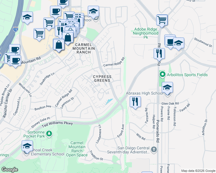 map of restaurants, bars, coffee shops, grocery stores, and more near 14106 Brent Wilsey Place in San Diego