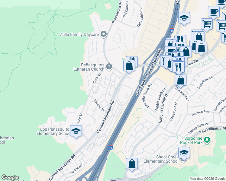 map of restaurants, bars, coffee shops, grocery stores, and more near 11031 Via Livorno in San Diego