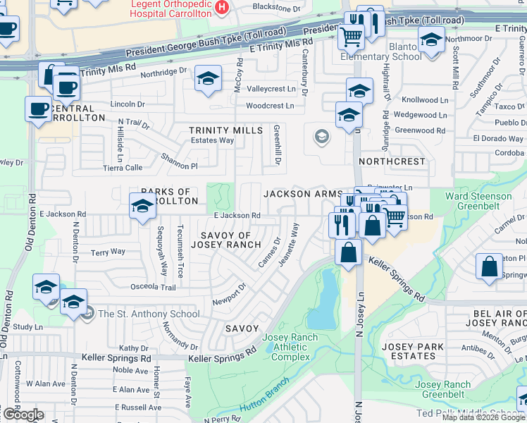 map of restaurants, bars, coffee shops, grocery stores, and more near 2204 Jackson Circle in Carrollton