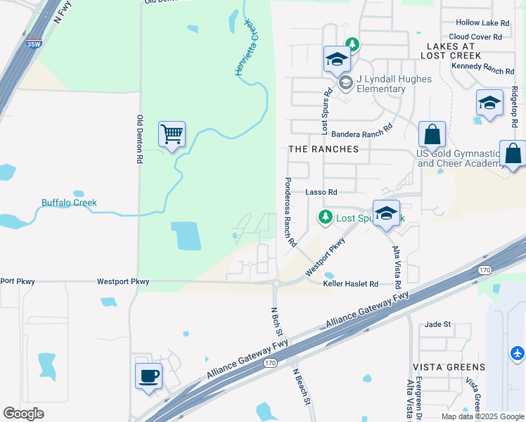 map of restaurants, bars, coffee shops, grocery stores, and more near Westfork Ranch Road in Roanoke