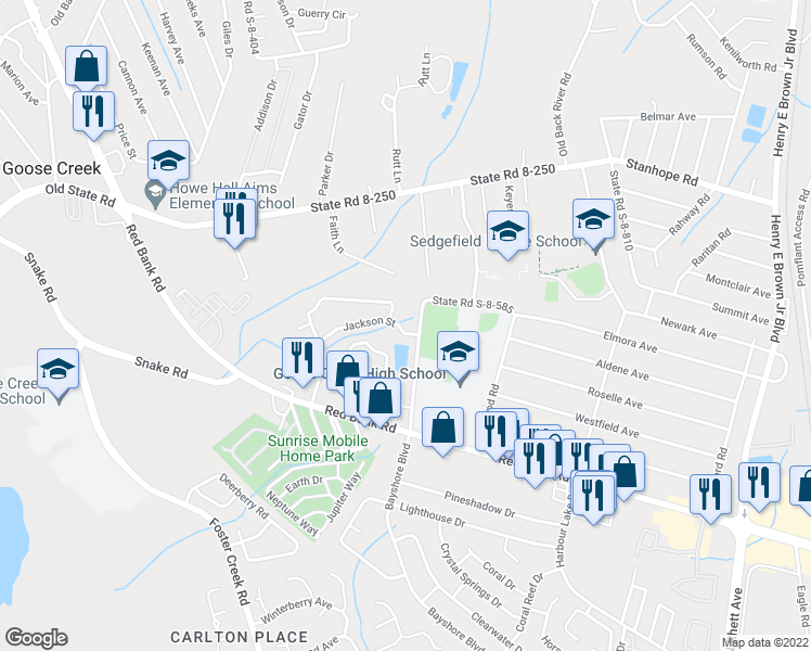 map of restaurants, bars, coffee shops, grocery stores, and more near 274 Jackson Street in Goose Creek