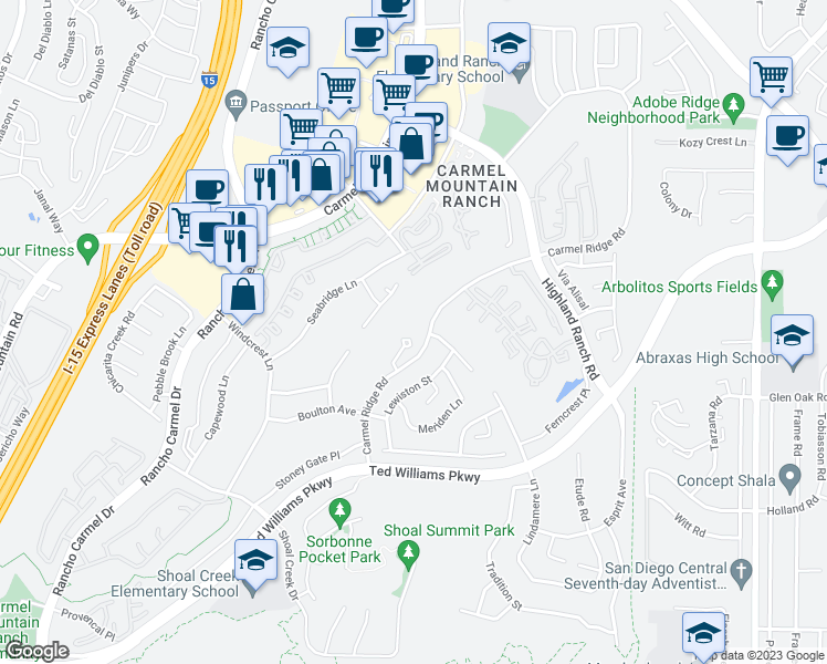 map of restaurants, bars, coffee shops, grocery stores, and more near 14050 Carmel Ridge Road in San Diego