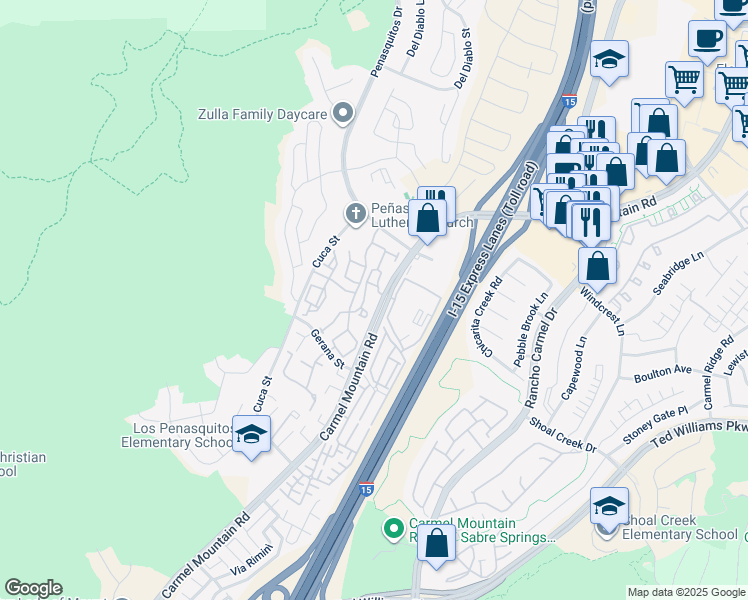 map of restaurants, bars, coffee shops, grocery stores, and more near 11035 Via Livorno in San Diego