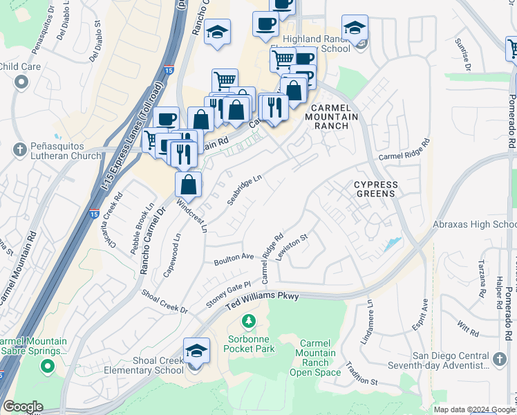 map of restaurants, bars, coffee shops, grocery stores, and more near 14204 Breezeway Place in San Diego