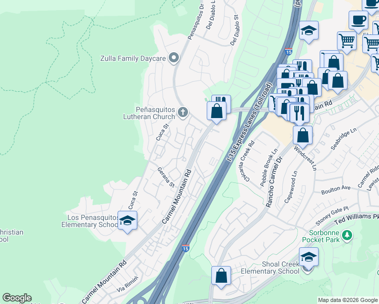 map of restaurants, bars, coffee shops, grocery stores, and more near 11035 Via Livorno in San Diego