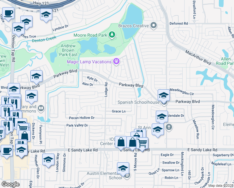 map of restaurants, bars, coffee shops, grocery stores, and more near 243 Reeder Drive in Coppell
