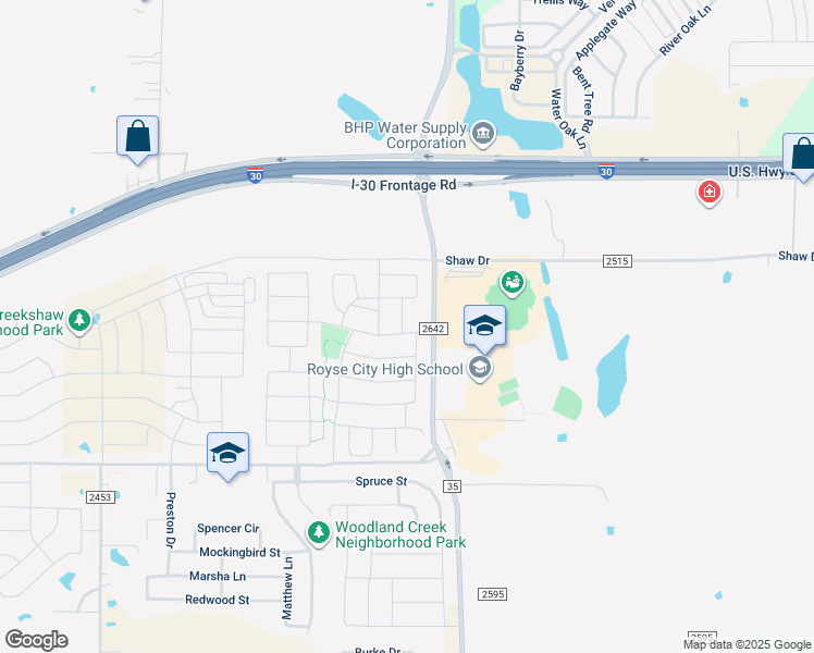 map of restaurants, bars, coffee shops, grocery stores, and more near 149 Red Hickory Drive in Royse City