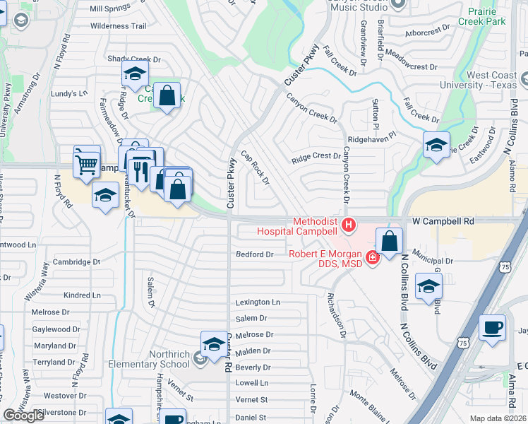 map of restaurants, bars, coffee shops, grocery stores, and more near 429 Sandy Trail in Richardson