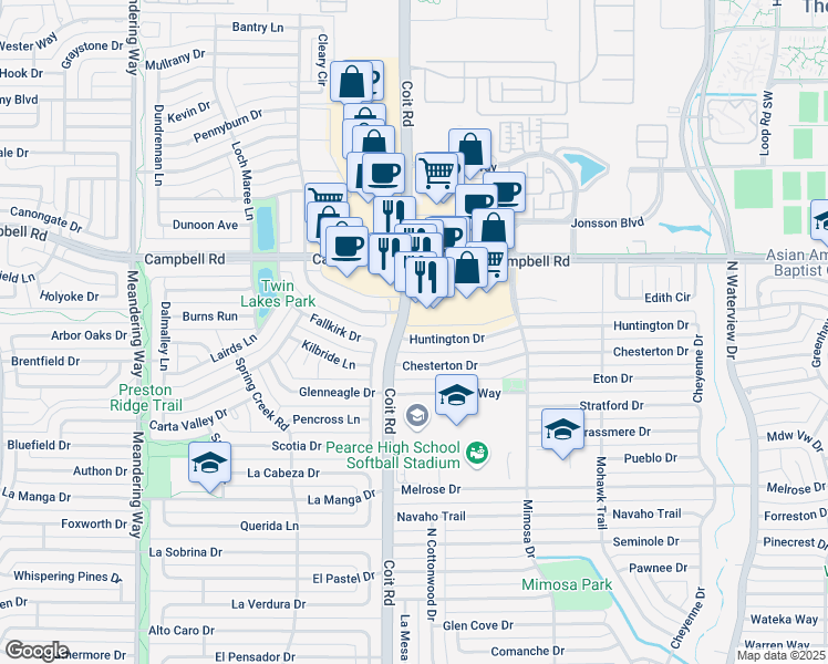 map of restaurants, bars, coffee shops, grocery stores, and more near 1414 Huntington Drive in Richardson