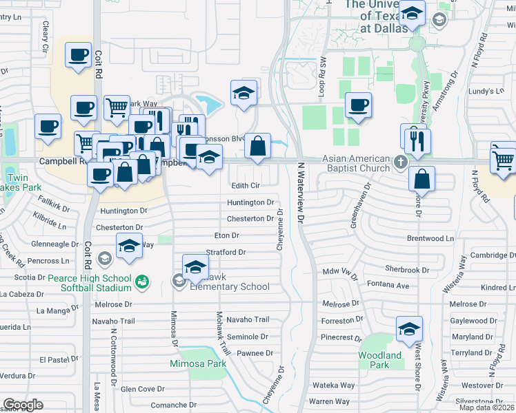 map of restaurants, bars, coffee shops, grocery stores, and more near 1105 Huntington Drive in Richardson