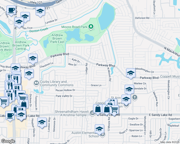 map of restaurants, bars, coffee shops, grocery stores, and more near 250 Willingham Drive in Coppell