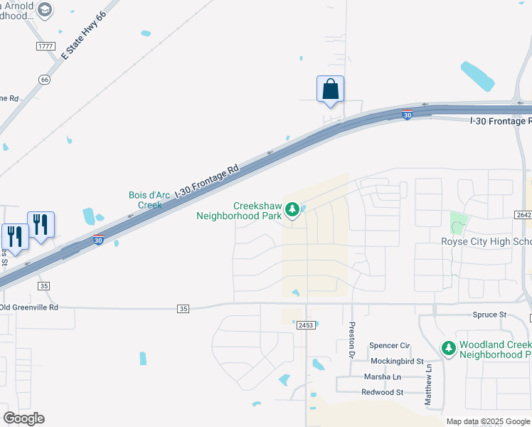map of restaurants, bars, coffee shops, grocery stores, and more near Interstate Highway 30 in Royse City