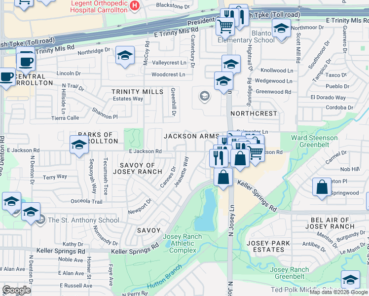 map of restaurants, bars, coffee shops, grocery stores, and more near 2214 Heritage Circle in Carrollton