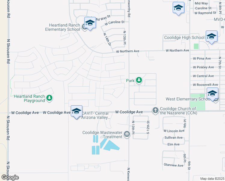 map of restaurants, bars, coffee shops, grocery stores, and more near 232 South 14th Circle in Coolidge