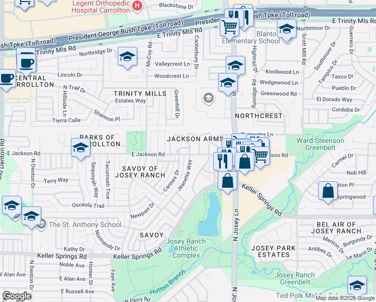 map of restaurants, bars, coffee shops, grocery stores, and more near 2214 Heritage Circle in Carrollton