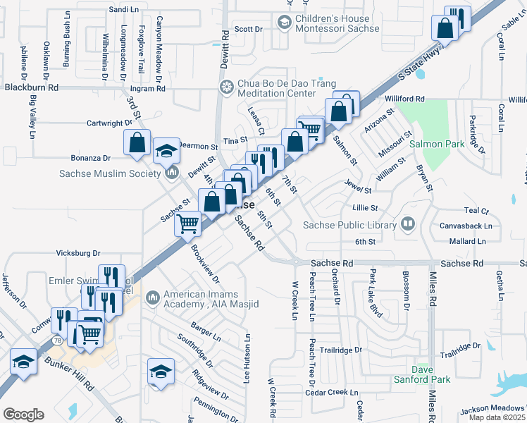 map of restaurants, bars, coffee shops, grocery stores, and more near 3100 5th Street in Sachse