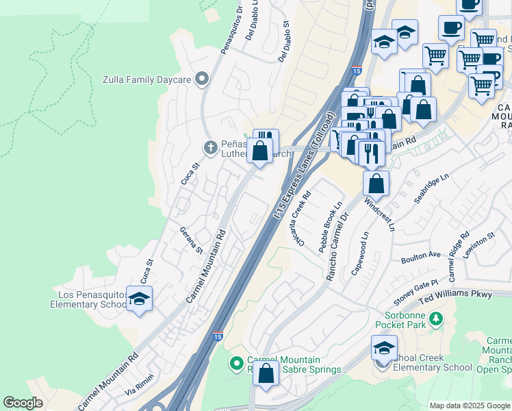 map of restaurants, bars, coffee shops, grocery stores, and more near 116 Caminata Douro in San Diego