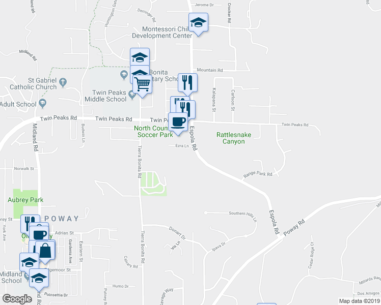 map of restaurants, bars, coffee shops, grocery stores, and more near 14157 Ezra Lane in Poway