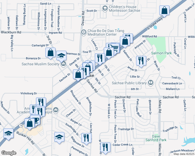 map of restaurants, bars, coffee shops, grocery stores, and more near 3100 5th Street in Sachse