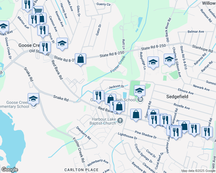 map of restaurants, bars, coffee shops, grocery stores, and more near 242 Jackson Street in Goose Creek