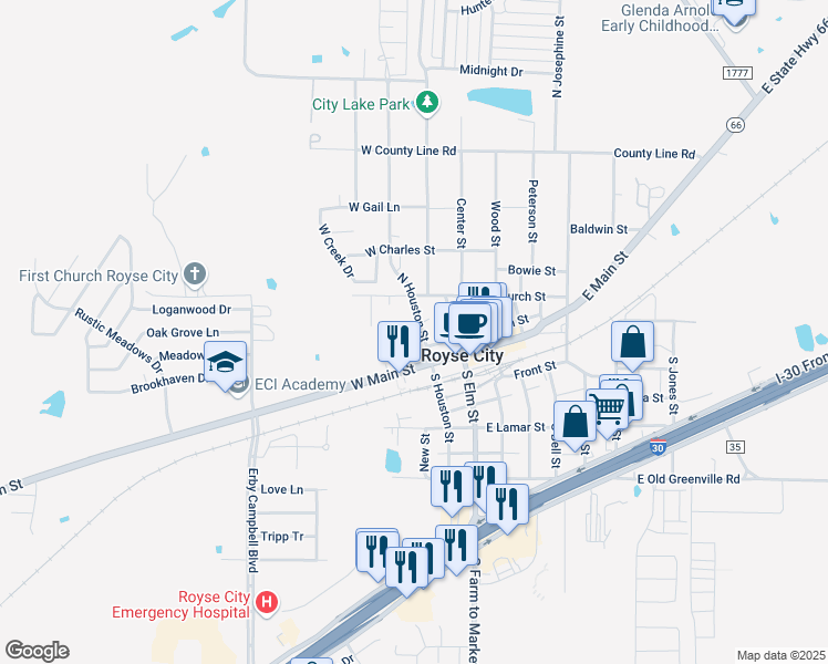 map of restaurants, bars, coffee shops, grocery stores, and more near 213 North Houston Street in Royse City