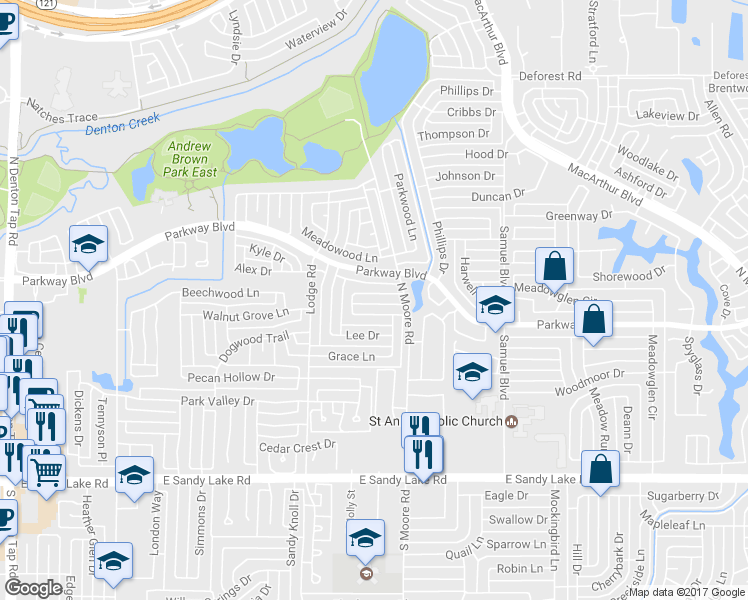 map of restaurants, bars, coffee shops, grocery stores, and more near 547 Kirkland Drive in Coppell