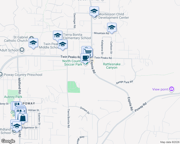 map of restaurants, bars, coffee shops, grocery stores, and more near 14153 Ezra Lane in Poway