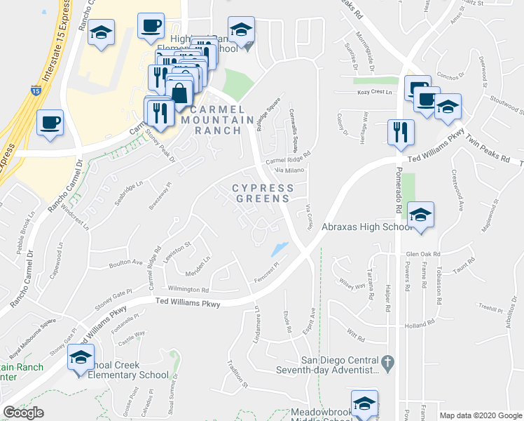 map of restaurants, bars, coffee shops, grocery stores, and more near 11973 Tivoli Park Row in San Diego