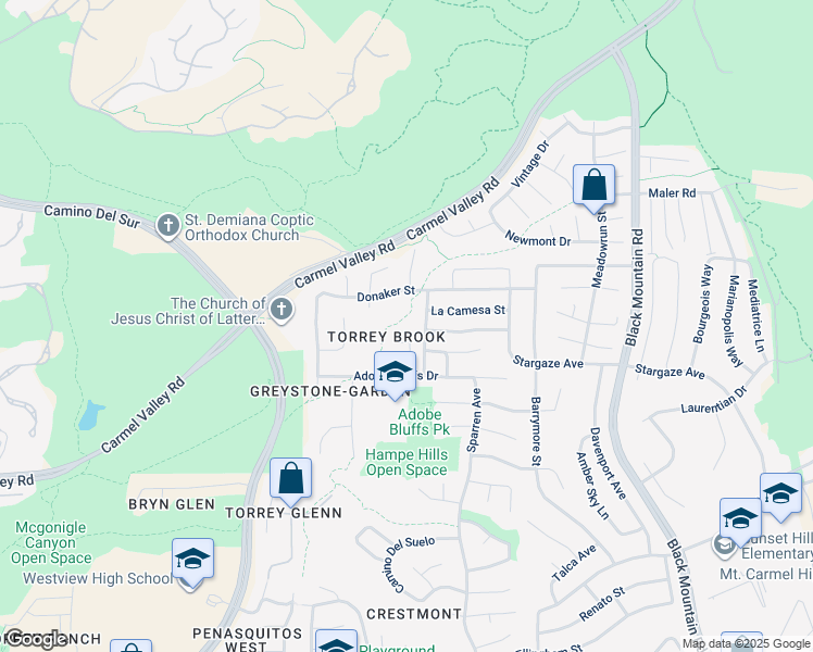 map of restaurants, bars, coffee shops, grocery stores, and more near 14320 La Trucha Street in San Diego