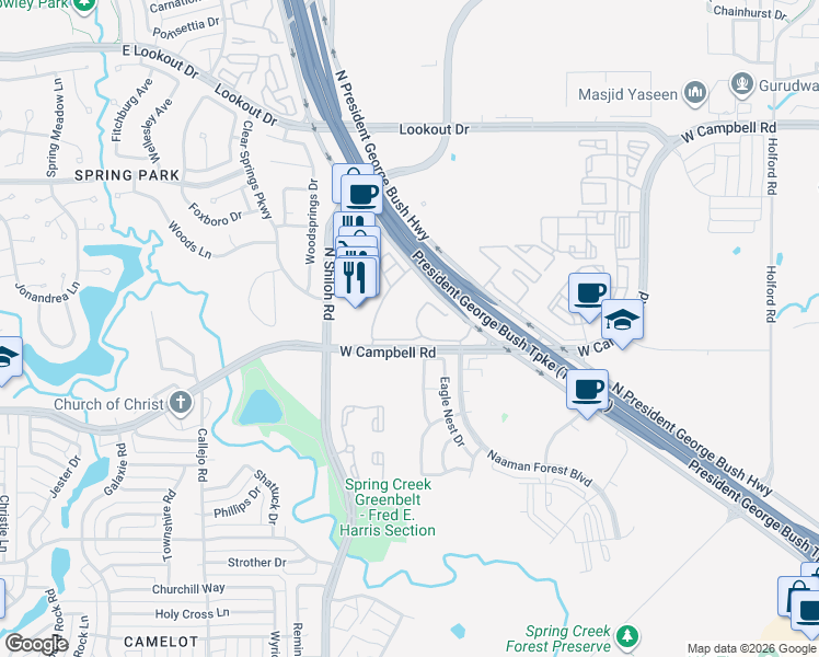 map of restaurants, bars, coffee shops, grocery stores, and more near 2013 West Campbell Road in Garland