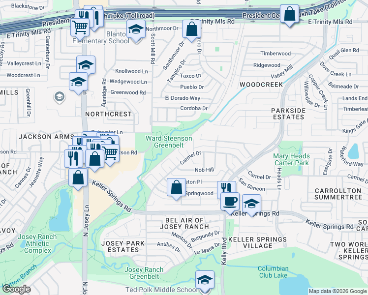 map of restaurants, bars, coffee shops, grocery stores, and more near 2171 Southern Place in Carrollton