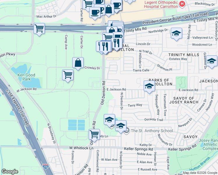 map of restaurants, bars, coffee shops, grocery stores, and more near 1012 Rodin Lane in Carrollton