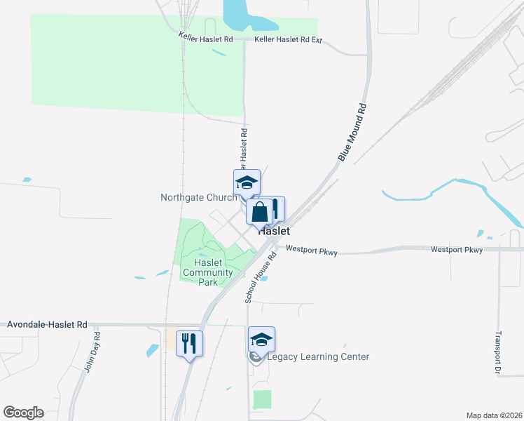 map of restaurants, bars, coffee shops, grocery stores, and more near 104 1st Street in Haslet