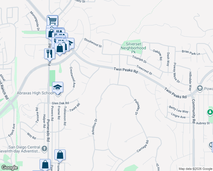 map of restaurants, bars, coffee shops, grocery stores, and more near 14258 Arbolitos Drive in Poway