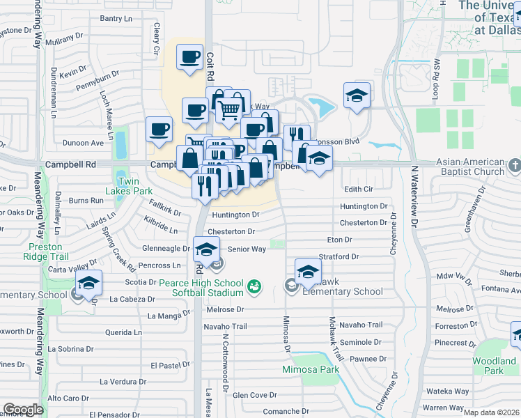 map of restaurants, bars, coffee shops, grocery stores, and more near 1308 Huntington Dr in Richardson