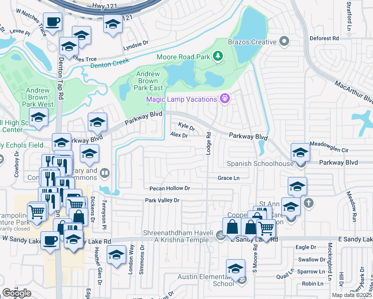 map of restaurants, bars, coffee shops, grocery stores, and more near 329 Beechwood Lane in Coppell