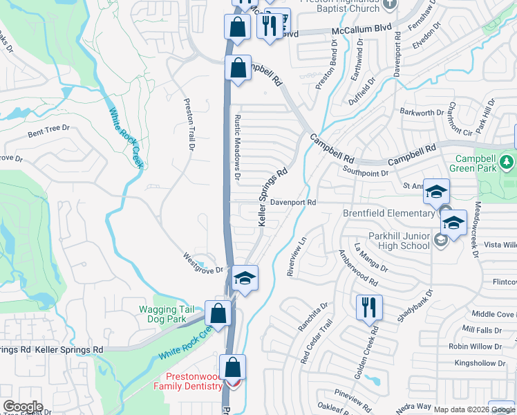 map of restaurants, bars, coffee shops, grocery stores, and more near 6019 Blue Mist Lane in Dallas