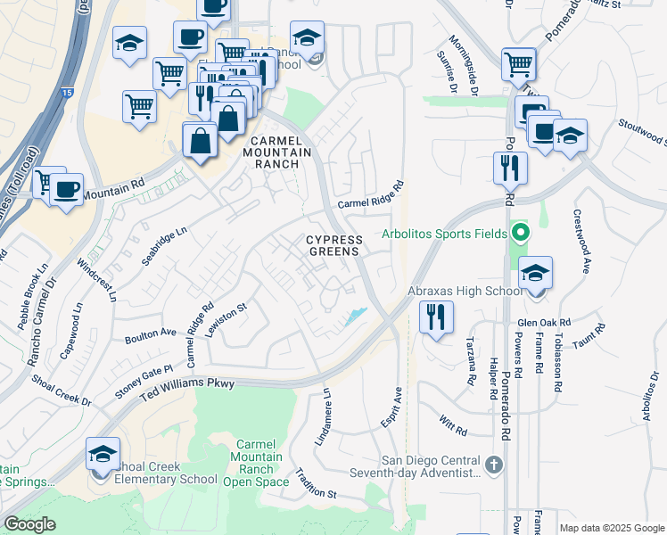 map of restaurants, bars, coffee shops, grocery stores, and more near 14106 Brent Wilsey Place in San Diego
